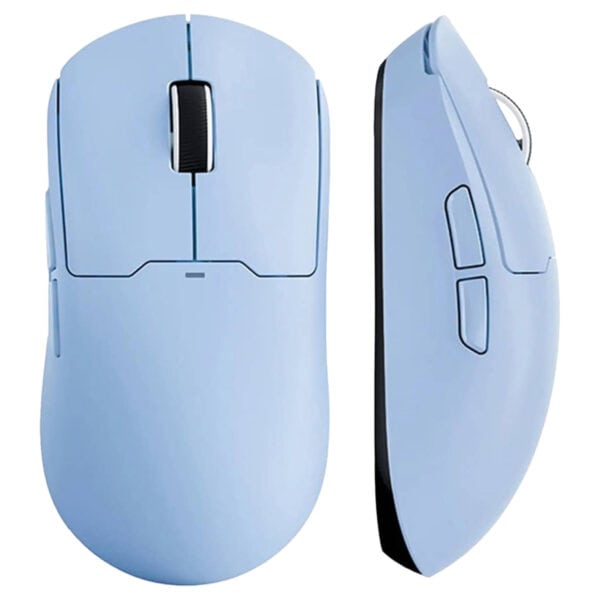 Alt metin: Mavi renkli gaming faresinin ön ve yan görünüm fotoğrafı, hassas sensör ve ergonomik tasarımı ile yüksek performanslı gaming mouse.