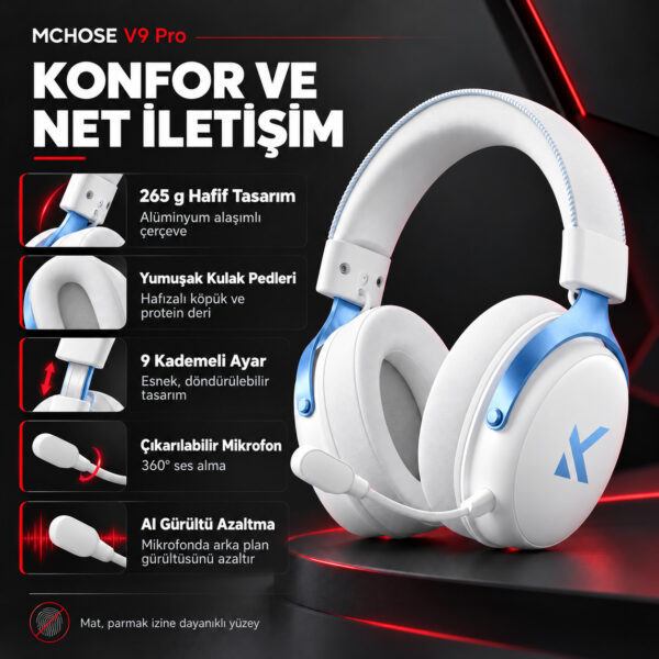 MCHOSE V9 Pro Sky White 7.1 Surround Kablosuz Gaming Kulaklık (HW-V9-3) - Görsel 3