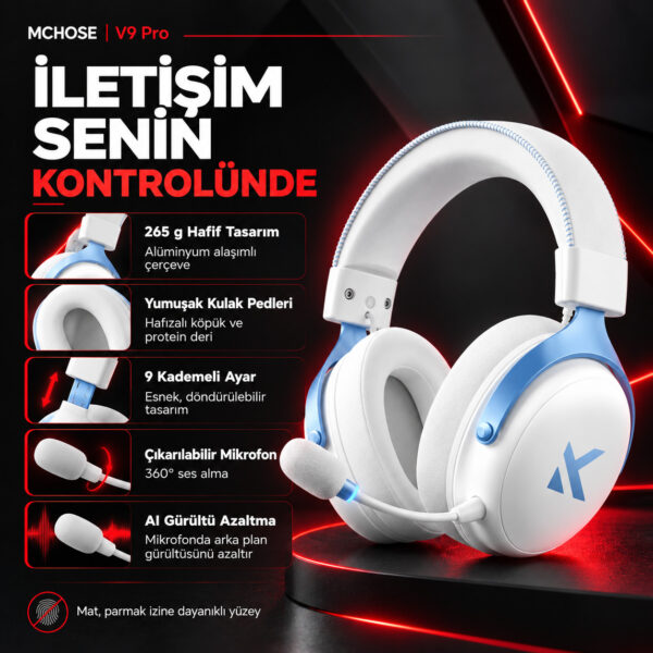 MCHOSE V9 Pro Sky White 7.1 Surround Kablosuz Gaming Kulaklık (HW-V9-3) - Görsel 6