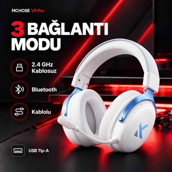 MCHOSE V9 Pro Sky White 7.1 Surround Kablosuz Gaming Kulaklık (HW-V9-3) - Görsel 7
