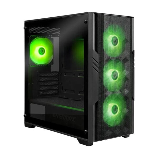 Enermax bilgisayar kasası, 3 adet yeşil LED'li soğutucu fan ile donatılmış, şeffaf ön panel ve geniş iç hacim ile yüksek performanslı oyun ve çalışma sistemi için ideal.
