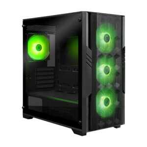 Enermax gaming kasa, 4 adet yeşil LED'li fan ve şeffaf ön panel ile yüksek performanslı oyun bilgisayarı için ideal.