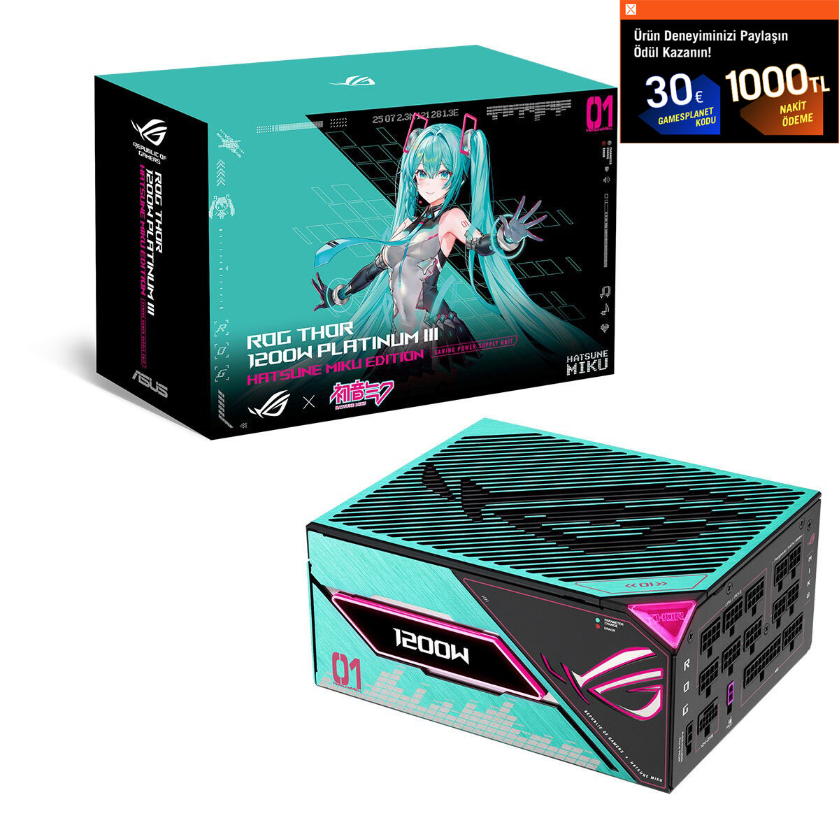 ASUS ROG Thor 1200W Platinum III Hatsune Miku Edition OLED Ekran ARGB 80+ Platinum PCIe 5.1 Full Modüler ATX 3.1 Güç Kaynağı