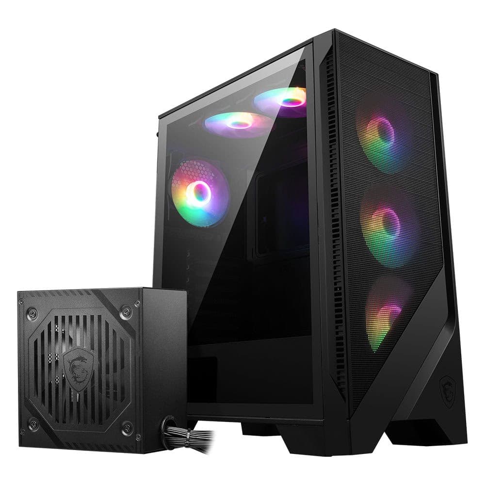 RGB aydınlatmalı MSI GeForce RTX 5060 Ti ekran kartı ve güçlü bilgisayar kasası, yüksek performanslı oyun ve grafik işlemleri için ideal.