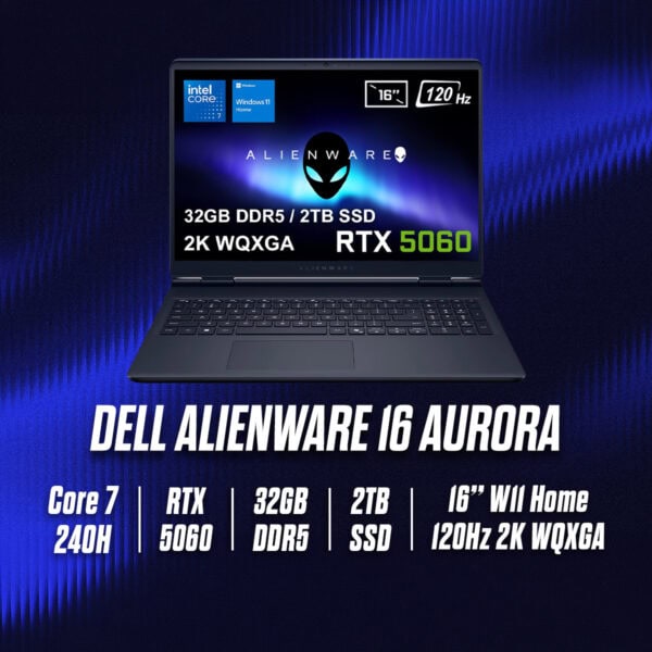 Dell Alienware 16 Aurora gaming dizüstü bilgisayarı, 16 inç 2K WQXGA ekran, RTX 5060 grafik kartı ve 32GB DDR5 RAM ile yüksek performans sunar.