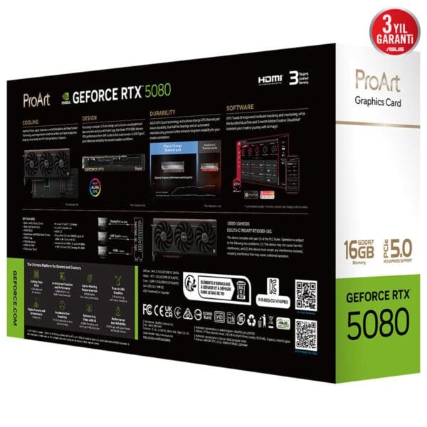 Yüksek performanslı oyun grafikli ASUS ProArt GeForce RTX 5080 ekran kartı, 16GB GDDR7 bellek ve 5.0 PCIe desteği ile üstün grafik ve hız sağlar. oyun ve içerik üreticileri için ideal.