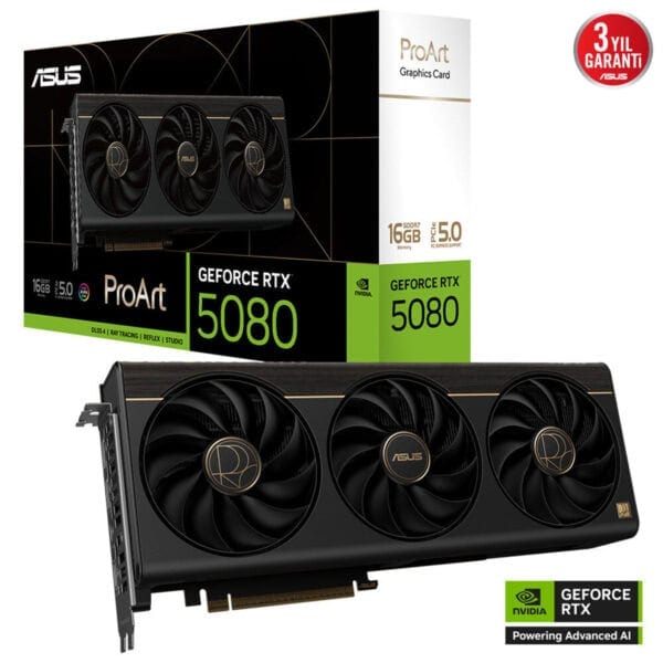 Göz alıcı ASUS ProArt NVIDIA GeForce RTX 5080 ekran kartı, yüksek performans ve oyun deneyimi için ideal, şık tasarım ve gelişmiş grafik teknolojileriyle donatılmıştır.