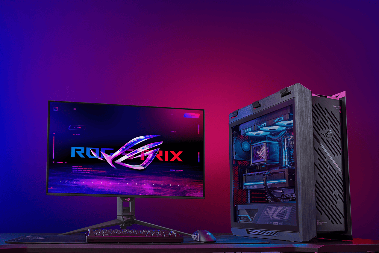 Yüksek performanslı oyun bilgisayarı ve ekran, RGB aydınlatmalı ROG Strix ekran ve güçlü donanımlı gaming PC, en iyi oyun deneyimi için tasarlanmış.