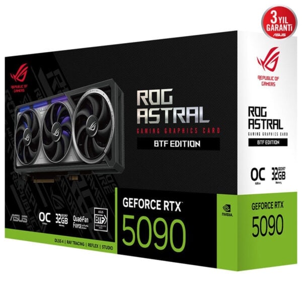 Yüksek performanslı ASUS ROG STRIX GeForce RTX 5090 grafik kartı, 3 fanlı soğutma sistemi ile oyun ve üretim deneyimini yükselten yüksek kaliteli ekran kartı.
