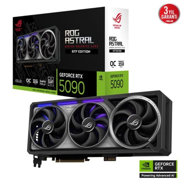 Yüksek performanslı ASUS ROG ASTRAL oyun grafik kartı, NVIDIA GeForce RTX 5090, üç fanlı soğutma sistemi ve ışıklandırmalı tasarımıyla oyun deneyimini artırır.