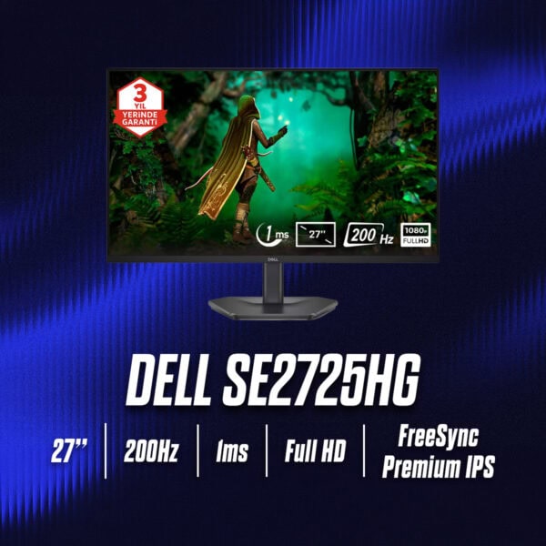 Dell SE2725HG 27 inç 200Hz 1ms Full HD FreeSync Premium IPS oyun monitörü, şık tasarım ve yüksek performans özellikleriyle öne çıkar.