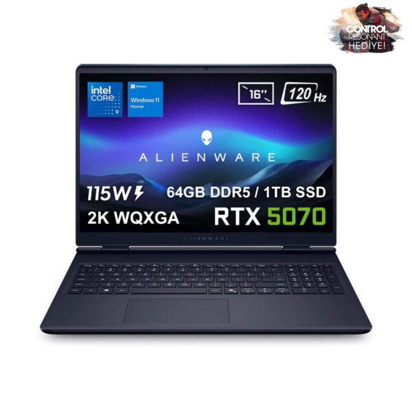 Dell Alienware 16 Aurora Intel Core 9-270H GeForce RTX 5070 8GB 115W 64GB DDR5 1TB SSD 16 inç 2K WQXGA 120Hz WVA W11 Home Gaming Laptop (AC16250-C932157Wv2) - 2 Yıl Yerinde Servis Garantisi - CONTROL Resonant Hediyeli-1