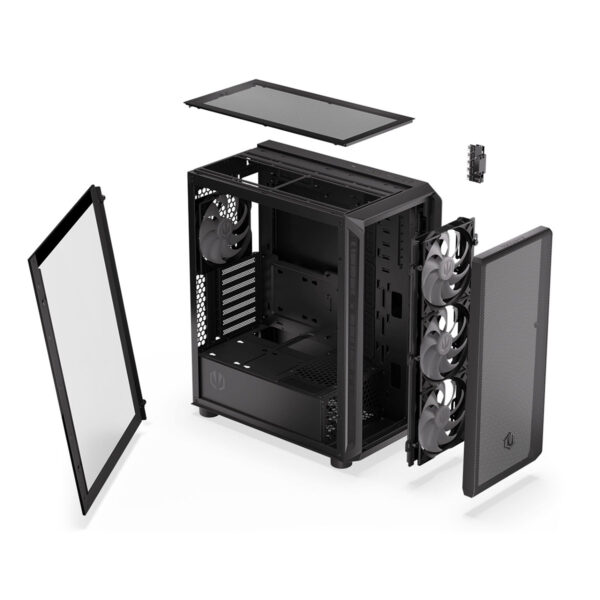 Yasadaki bilgisayar kasası ve iç bileşenlerin parça ayrımı, yüksek kaliteli soğutucu fanlar ve yapısal detaylar. Gaming ve bilgisayar sonunda kullanılan modern kasa, bileşenlerin montaj ve soğutma için tasarlanmış. İç tasarım ve montaj alanları net şekilde gösteriliyor.