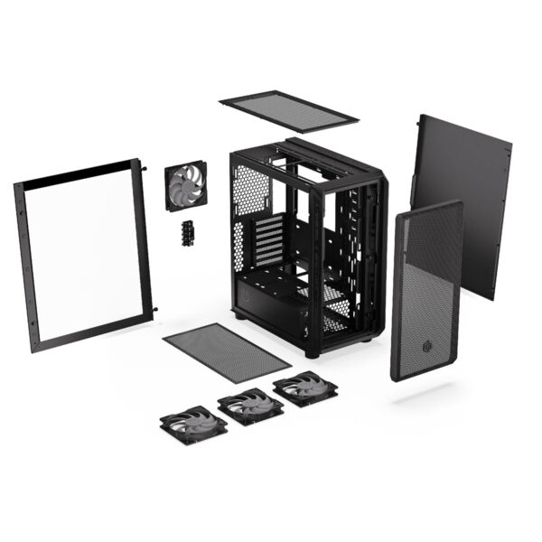 Hava soğutmalı bilgisayar kasası ve iç bileşenleri, açık halde, detaylı ve modern tasarım, yüksek performanslı oyun bilgisayarı kurulumu için uygun.