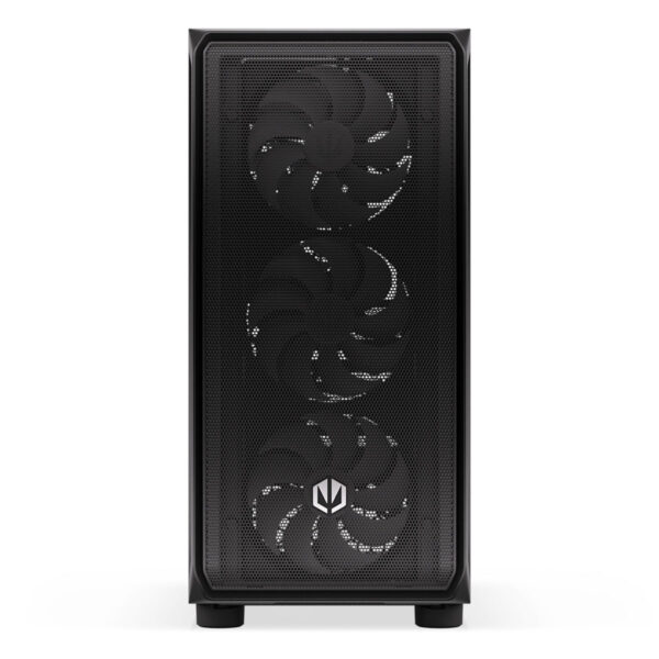 Yüksek performanslı oyun bilgisayarı kasası, iyi hava akışı sağlayan siyah metal muhafaza, gelişmiş soğutma ve estetik tasarım, oyun tutkunları için ideal, güçlü donanım ve şık görünüm.