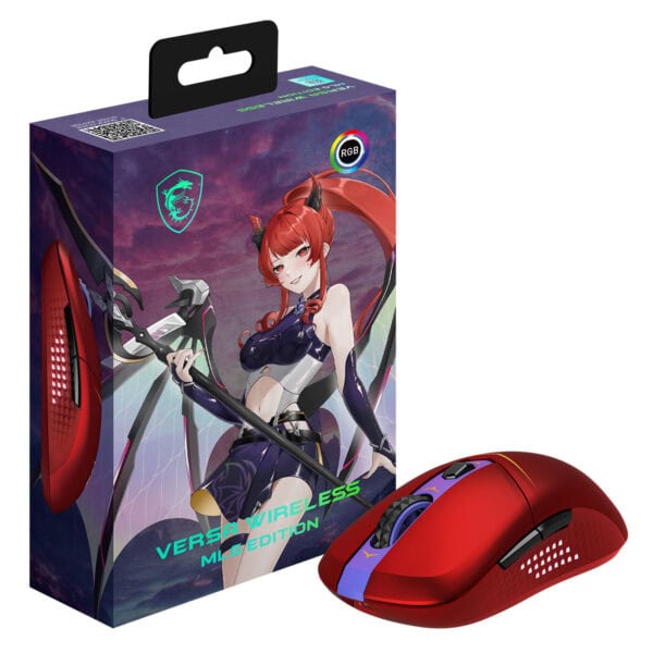 Kırmızı ve mavi renkli özellikle RGB aydınlatmalı oyun mouse ve kutusu.