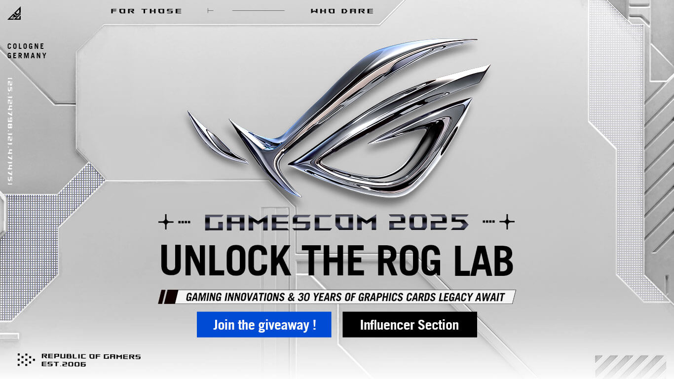 GİZLİ ROG LAB Tişörtü ve grafik kartı oyunu tanıtım görseli, yeni oyun teknolojileri ve grafik kartlarıyla oyun deneyimini artırmak için GAMESCOM 2025 etkinliği, detaylı prototip ve oyuncu özellikleri.