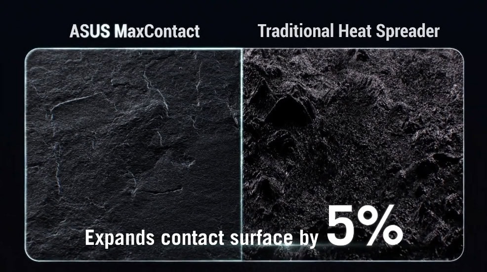 Ultimate Gaming Mouse Soğutucu Yüzeyleri, ASUS MaxContact Teknolojisi ile daha iyi kontakt sağlar, geleneksel ısı yayıcıdan %5 daha büyük alan ile daha iyi soğutma performansı sunar.