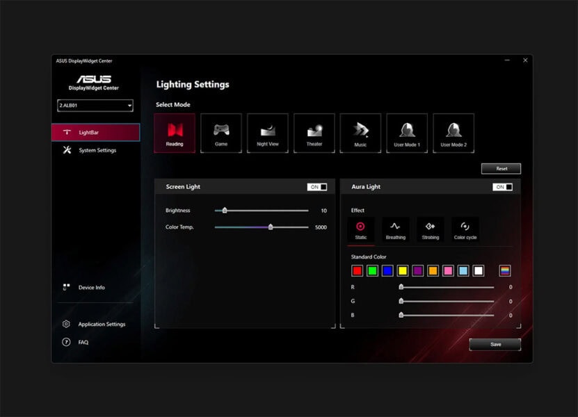 ROG Aura Monitor Light Bar ALB01 ASUS ekran kartı ışıklandırma ayarları, oyun ve moda göre özelleştirilebilir RGB ışık efektleri.