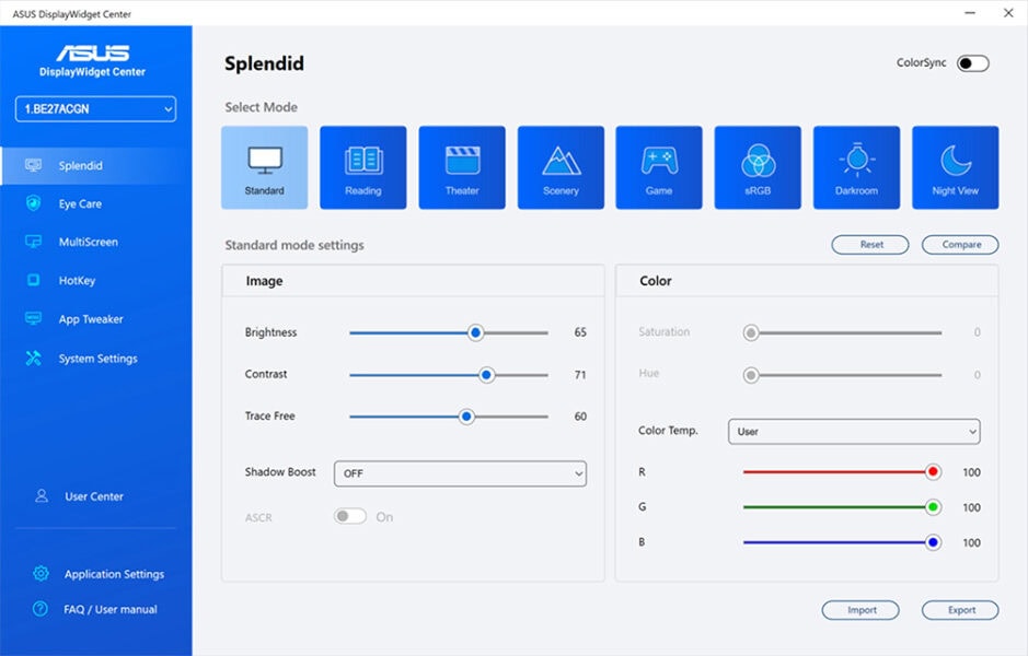 Görüntü ayarlarını düzenleme paneli, ASUS DisplayWidget Center arayüzü, ekran renk ayarları, parlaklık, kontrast ve renk sıcaklığı özellikleri.