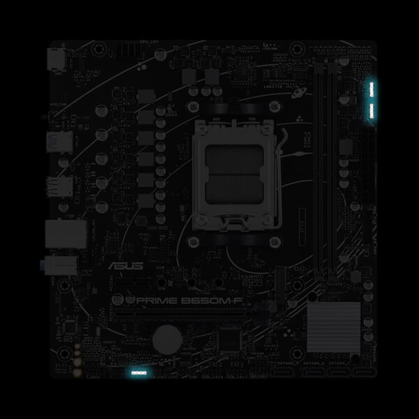 Görünümde ASUS Prime B650M-F ana karta, yüksek performans ve oyun deneyimi için uyumlu anakart. DDR5 RAM, HDMI ve RGB desteği ile güçlü ve estetik gaming bileşeni.