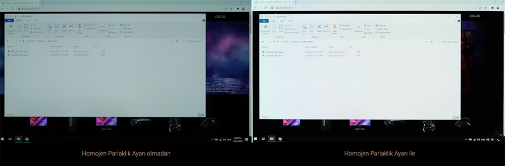 Dosya transferi ekran görüntüsü, yüksek ışık ayarlarıyla veya homojen parlaklık ayarları olmadan ve homojen parlaklık ayarı ile karşılaştırmalı. Bu görsel, bilgisayar ekran ekran ayarlarının oyun ve grafik performansına etkisini gösteriyor.