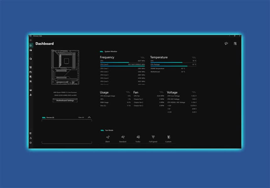 Yüksek performanslı bilgisayar sistem izleme ekranı, CPU sıcaklıkları, frekanslar ve voltajlar gibi detayları gösteriyor, oyun ve donanım optimizasyonu için ideal.