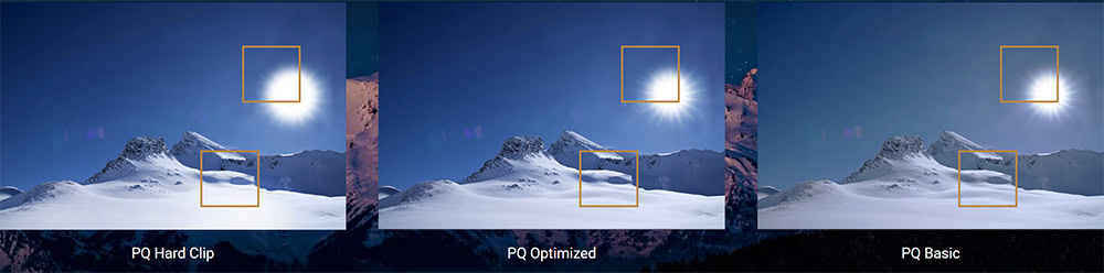 Görüntüde karla kaplı dağlar ve gökyüzü, oyun grafik optimizasyon tekniklerini karşılaştırıyor. Üç farklı grafik modu: PQ Hard Clip, PQ Optimize, PQ Basic, yüksek kalite ve performans seçenekleri sunar.