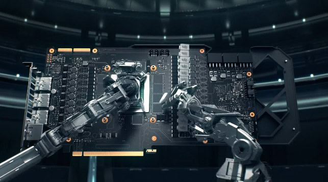 Yüksek teknolojili bilgisayar anakartı ve robotik kol, endüstri ve oyun teknolojisinde gelişmiş donanım bileşenleri, futuristik tasarım ve yapay zeka entegrasyonu.