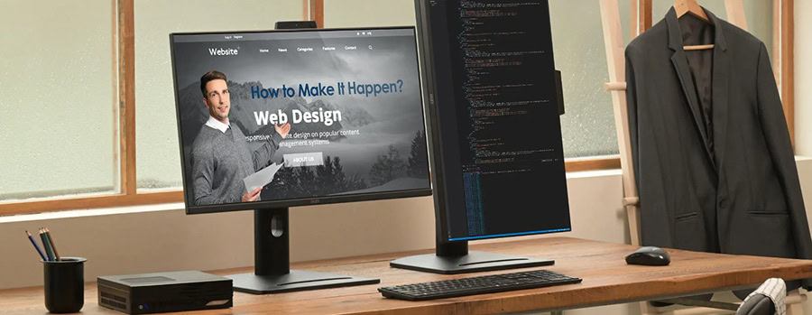 İş toplantısı yapan iki kişi, bilgisayar ekranına odaklanmış, teknolojik ürünler ve üst düzey işlemci ürünleri vurgulanıyor.