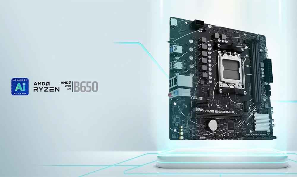 Görünümde ASUS Prime B650M-F ana karta, yüksek performans ve oyun deneyimi için uyumlu anakart. DDR5 RAM, HDMI ve RGB desteği ile güçlü ve estetik gaming bileşeni.