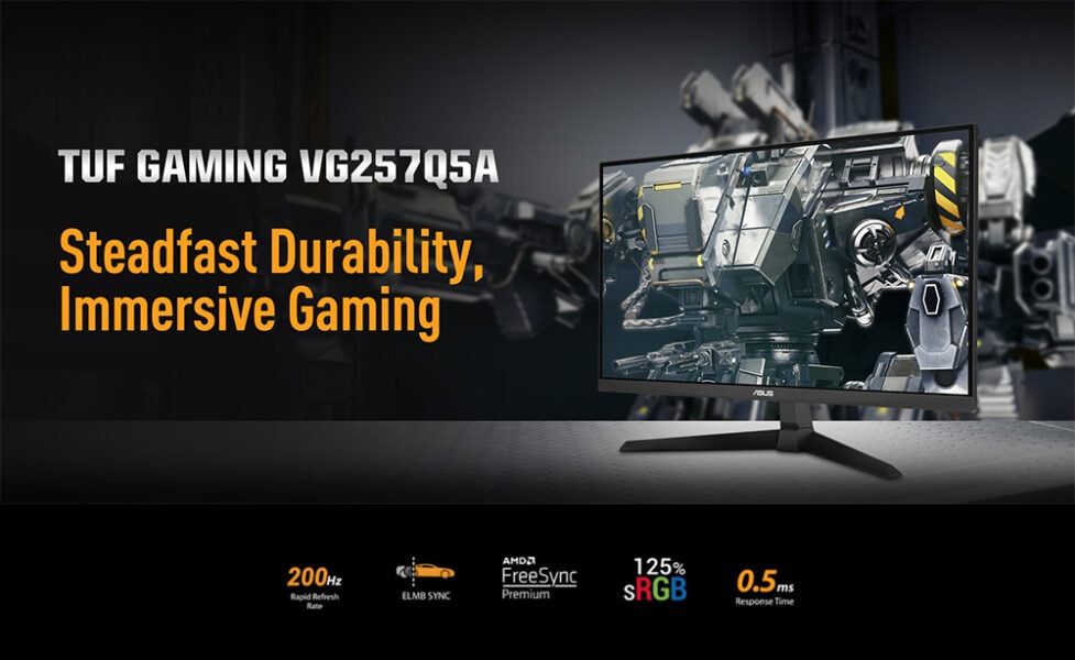 Yüksek kaliteli TUF Gaming VG257Q5A monitör, dayanıklılık ve sürükleyici oyun deneyimi için tasarlandı, üstün görsel performans ve 200Hz yenileme hızıyla öne çıkar.