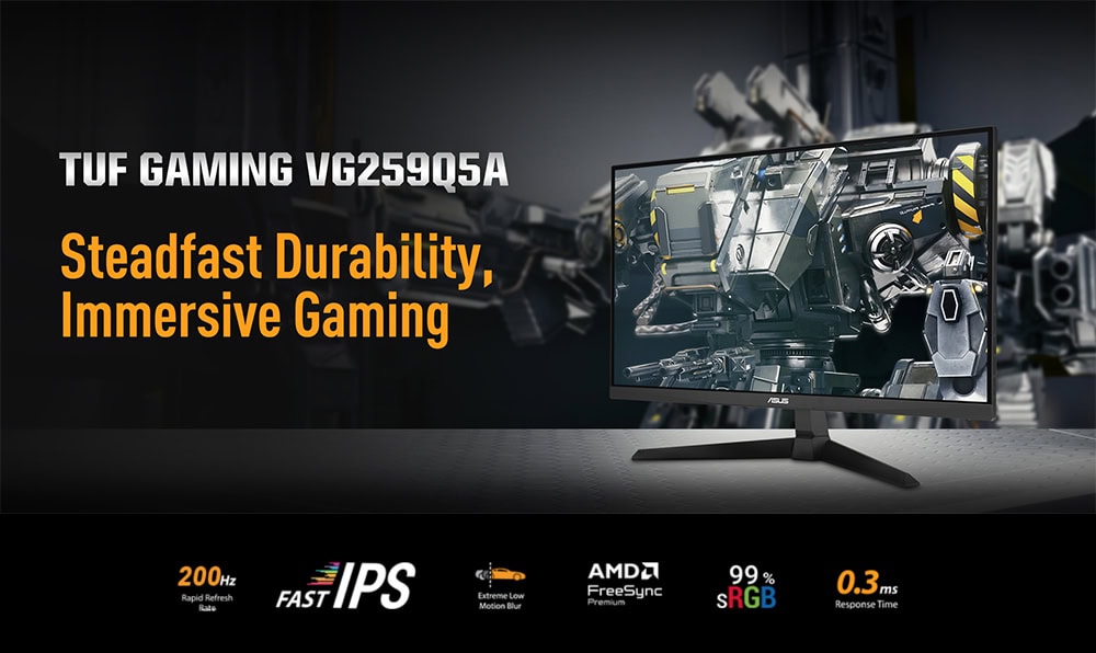 Yüksek kaliteli Asus TUF Gaming 24.5 inç monitör, hızlı 200Hz yenileme hızı, IPS ekran ve düşük 0.3ms tepkime süresi ile yüksek performanslı oyun monitörü.