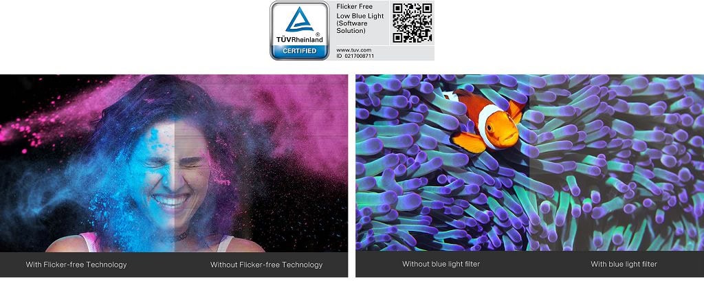 Renkli tozların içinde gülümseyen kadın, flaşsız ve flaşlı teknoloji karşılaştırması.