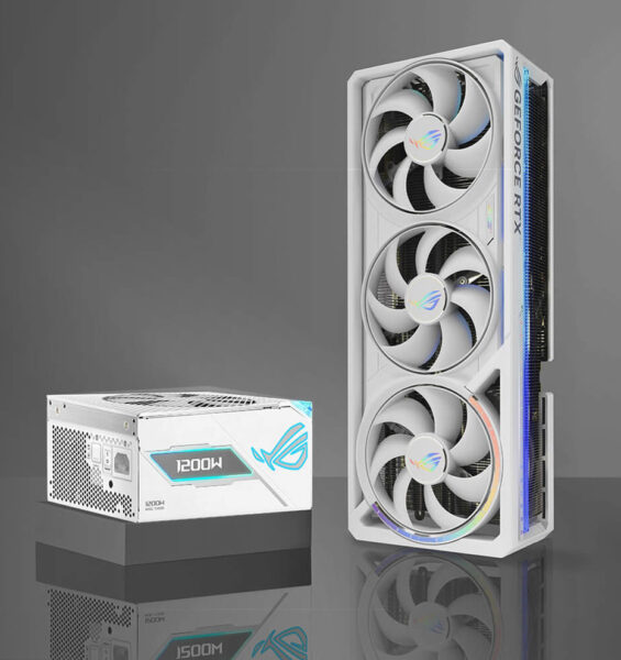 Yüksek performanslı ASUS ROG Strix ve NVIDIA GeForce RTX ekran kartı ile gaming ve PC donanımı için modern soğutucu ve güç kaynağı seti.