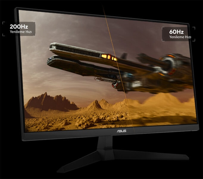 Yüksek yenileme hızına sahip ASUS oyun monitörü, 200Hz ve 60Hz hız seçenekleriyle detaylı ve akıcı grafikler sağlar, uzay ve savaş temalı yüksek kaliteli oyun deneyimi için ideal.
