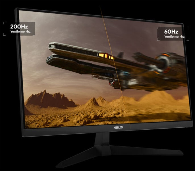 Yüksek kaliteli Asus TUF Gaming 24.5 inç monitör, hızlı 200Hz yenileme hızı, IPS ekran ve düşük 0.3ms tepkime süresi ile yüksek performanslı oyun monitörü.