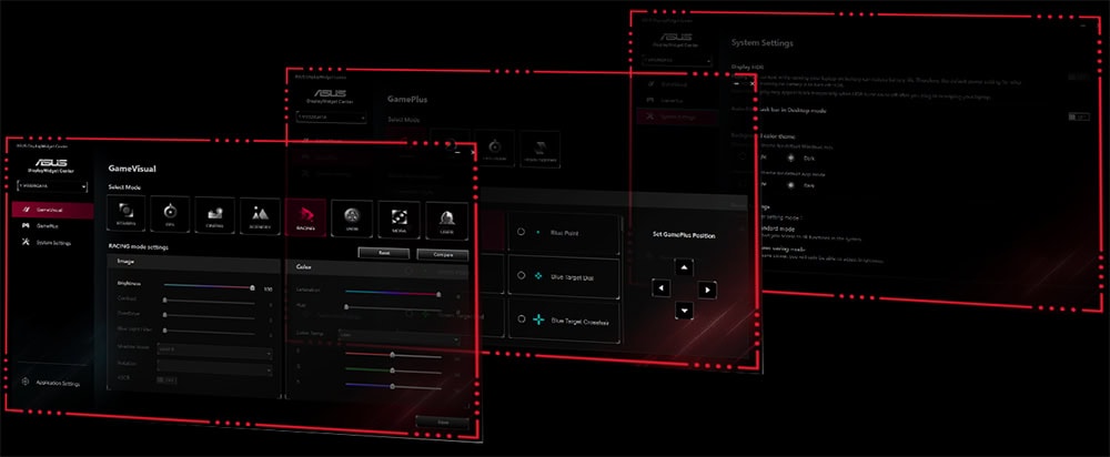 Yapay zeka ve oyun optimizasyonu için ASUS GameVisual ve GamePlus ayarlarını gösteren ekran görüntüsü.