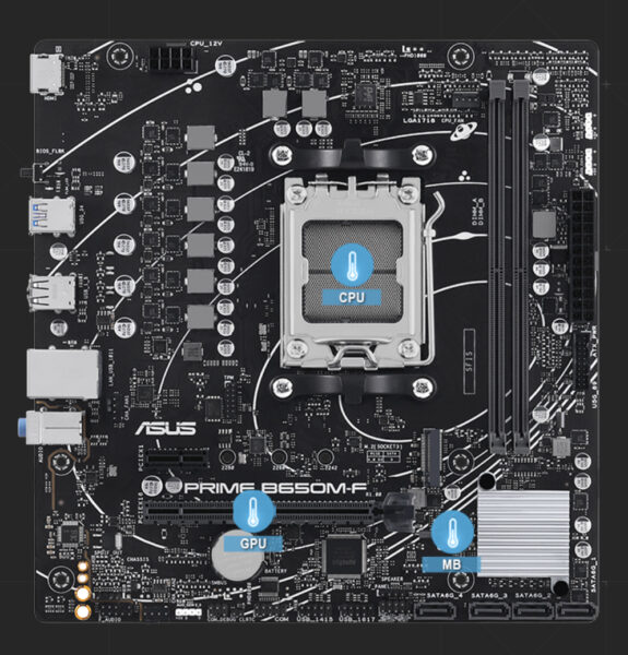 Görünümde ASUS Prime B650M-F ana karta, yüksek performans ve oyun deneyimi için uyumlu anakart. DDR5 RAM, HDMI ve RGB desteği ile güçlü ve estetik gaming bileşeni.