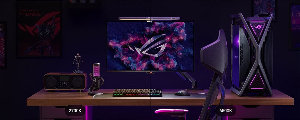 ROG Aura Monitor Light Bar ALB01 Yüksek kaliteli oyun monitörü ve RGB aydınlatmalı oyuncu çubuğu. Profesyonel oyun deneyimi için tasarlanmış yüksek performanslı bilgisayar ekipmanı.