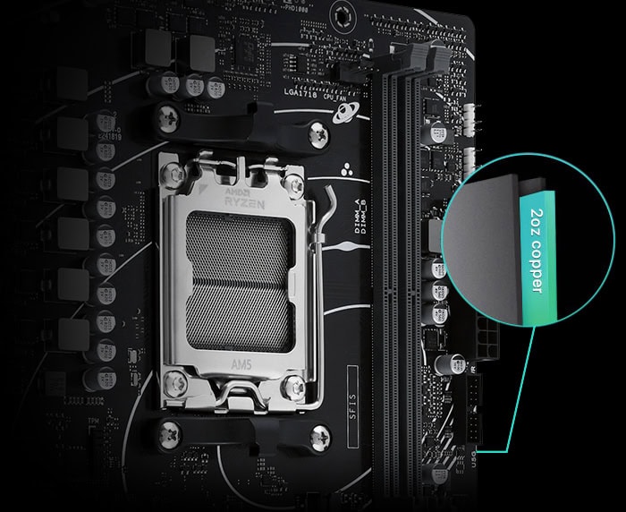 Görünümde ASUS Prime B650M-F ana karta, yüksek performans ve oyun deneyimi için uyumlu anakart. DDR5 RAM, HDMI ve RGB desteği ile güçlü ve estetik gaming bileşeni.