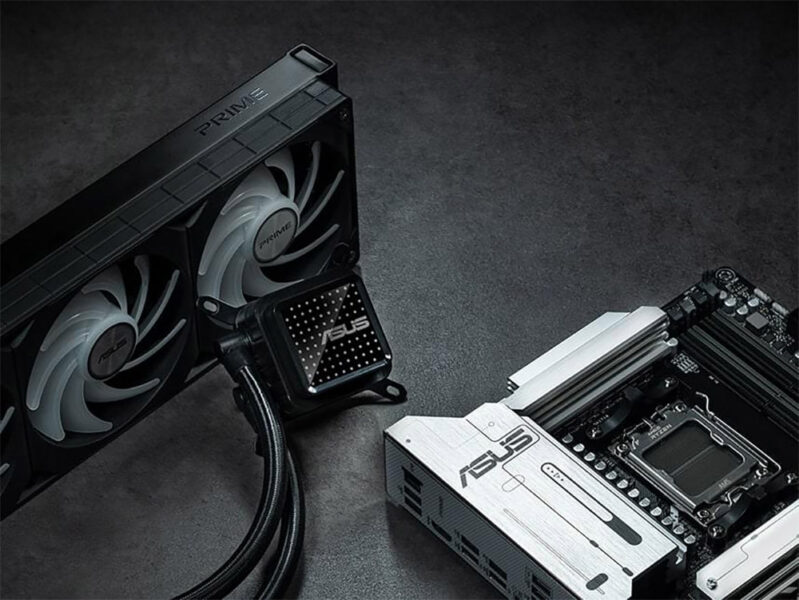 Yüksek performanslı ASUS anakart ve soğutucu ile bilgisayar donanımı ve gaming sistemleri detaylı görüntüsü.