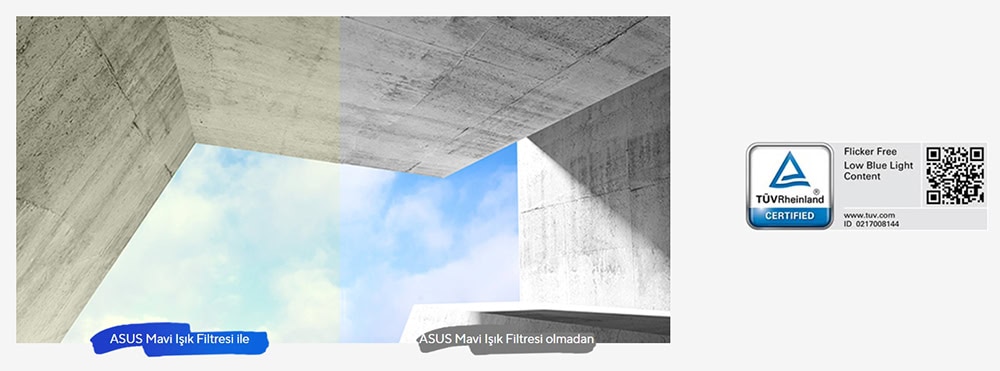 ASUS mavi ışık filtresi ve filtresiz gökyüzü, bilgisayar ekranında göz korunması ve konforu konsepti, gaming ve ekran koruma ürünleri.