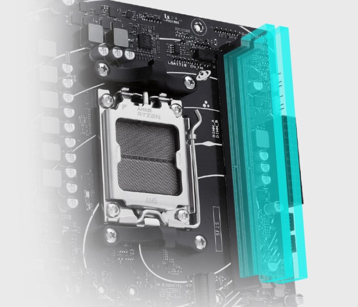 Görünümde ASUS Prime B650M-F ana karta, yüksek performans ve oyun deneyimi için uyumlu anakart. DDR5 RAM, HDMI ve RGB desteği ile güçlü ve estetik gaming bileşeni.