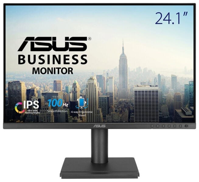 Görüntü kalitesi yüksek ASUS İşletme Monitörü, 24.1 inç ekran, IPS ekran, 100Hz yenileme hızı, ergonomik stand velüvolar ile ideal çalışma ortamı sağlıyor.