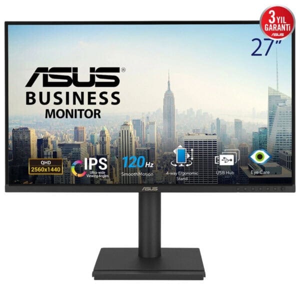 Yüksek çözünürlüklü ASUS BUSINESS monitör, 2560x1440 QHD ekran, 27 inç büyüklükte, IPS panel ve 120Hz tazeleme hızı ile geniş görüş açıları ve pürüzsüz görüntü kalitesi sağlar.