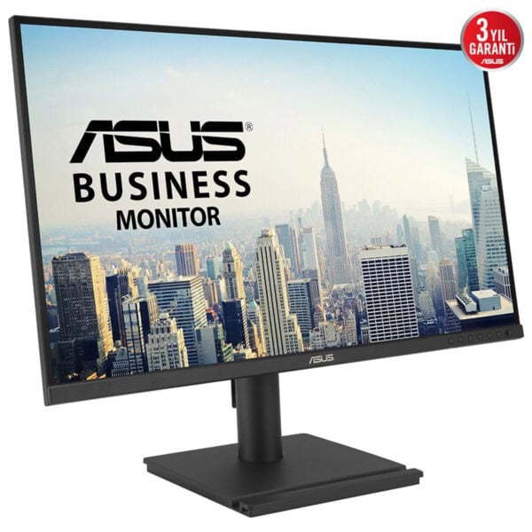 Görüntü yüksek kaliteli siyah ASUS İş Monitorü, büyük ekran ve şehir silueti arka planıyla profesyonel çalışma ve ofis ortamlarına uygun. Asus'un dayanıklı ve şık tasarımıyla ofis kullanımı için ideal.