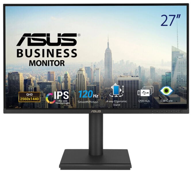 ASUS İş Otomasyonu Monitörü, 27 inç, 2560x1440 QHD çözünürlük, IPS ekran, 120Hz yenileme hızı, ergonomik stand ve Eye Care teknolojisi ile yüksek performans ve rahatlık sağlar.
