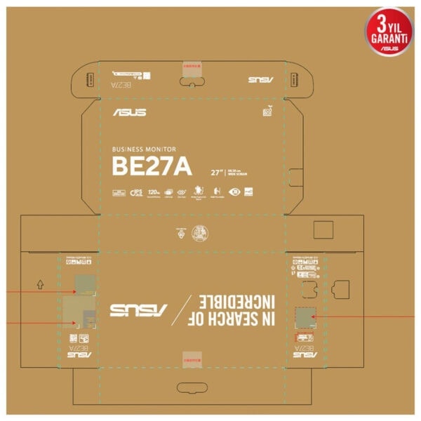 3452x3452 ölçekli ASUS BE27A 27 inç business monitör kutu tasarımı, ekran boyutu ve teknik özellikleriyle yüksek kaliteli ofis ve oyun deneyimi için ideal.