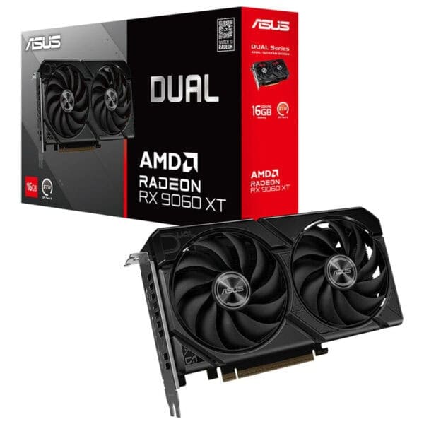Gelişmiş ASUS AMD Radeon RX 9060 XT ekran kartı, çift fanlı soğutma tasarımı ve 16GB GDDR6 belleği ile yüksek performanslı oyun ve grafik işlemleri için ideal.
